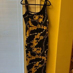 Versace Jeans Collection Black and Gold Baroque Slip Maxi Dress